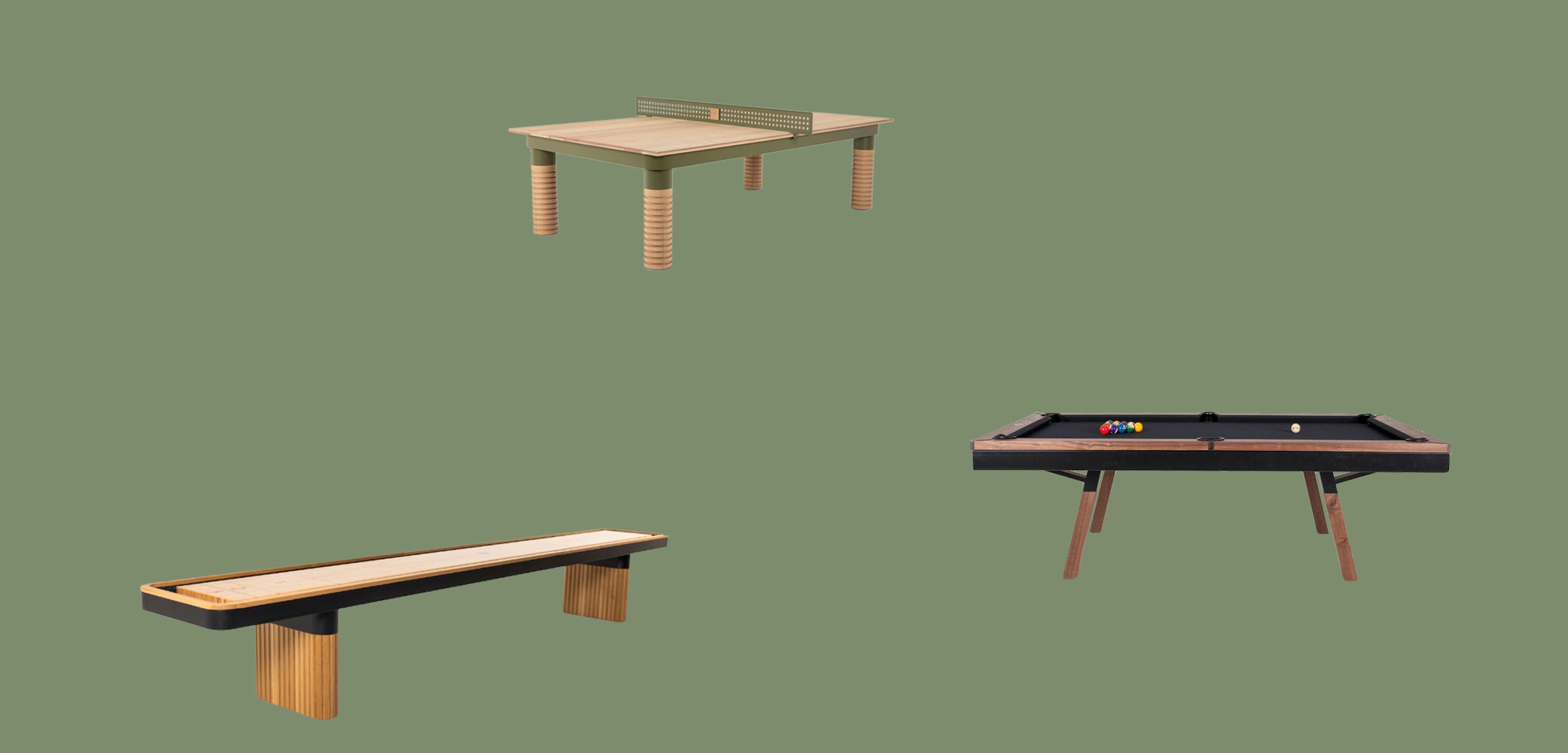 Modern game tables including pool table, shuffleboard table, and ping pong table