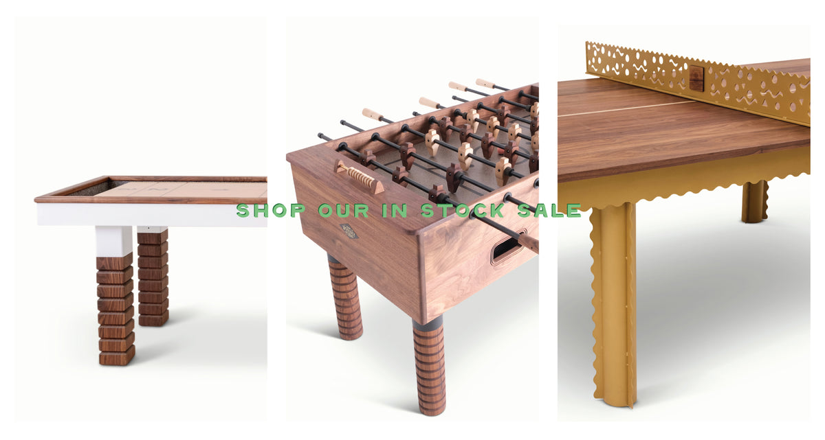 Handcrafted shuffleboard, foosball and ping pong tables from the Sean Woolsey Studio in-stock sale